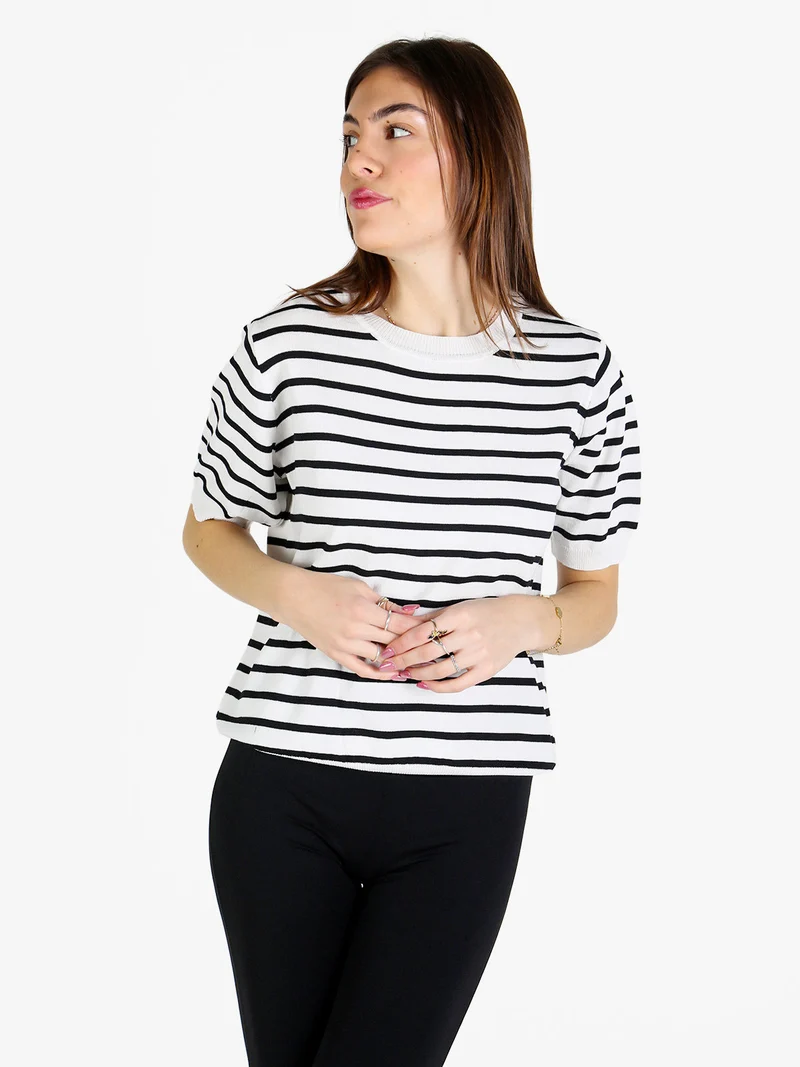 Maglia donna rigata a maniche corte - bianco