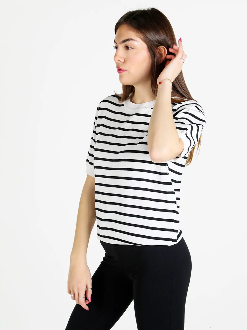 Maglia donna rigata a maniche corte - bianco