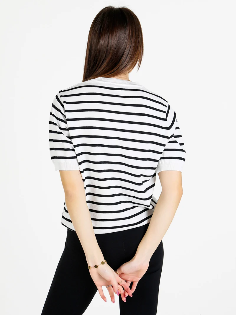 Maglia donna rigata a maniche corte - bianco