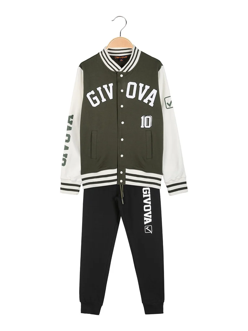 Completo felpa college da bambino 2 pezzi con bottoni - militare