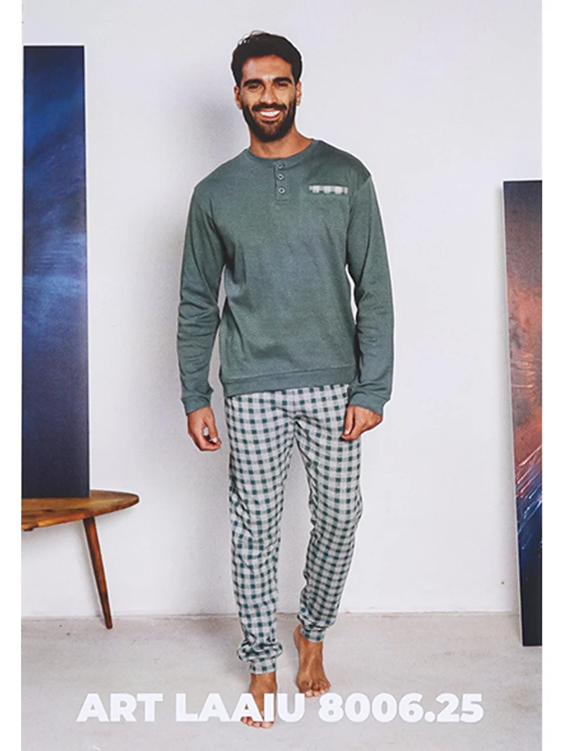 Pigiama da uomo in misto cotone con pantaloni a quadri e taschino - verde