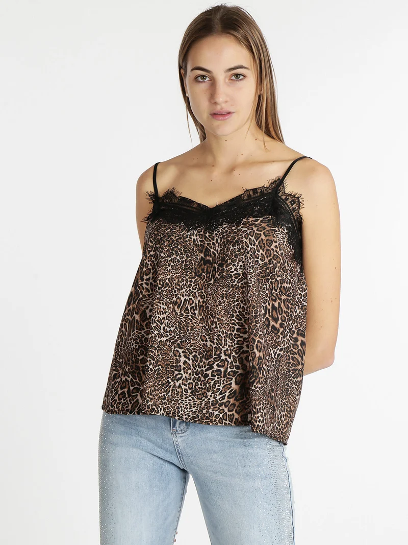 Top donna effetto raso con stampa animalier - marrone