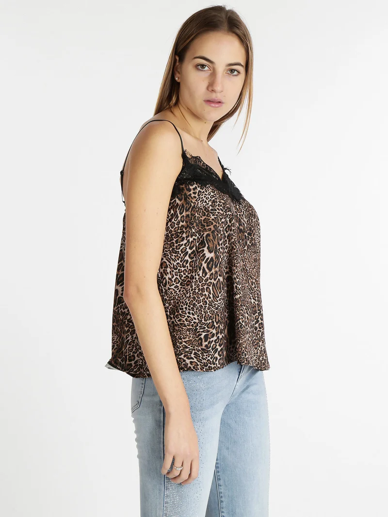 Top donna effetto raso con stampa animalier - marrone