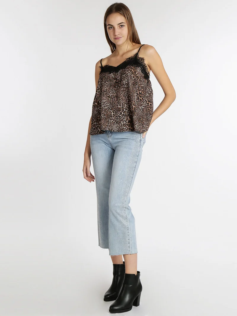 Top donna effetto raso con stampa animalier - marrone