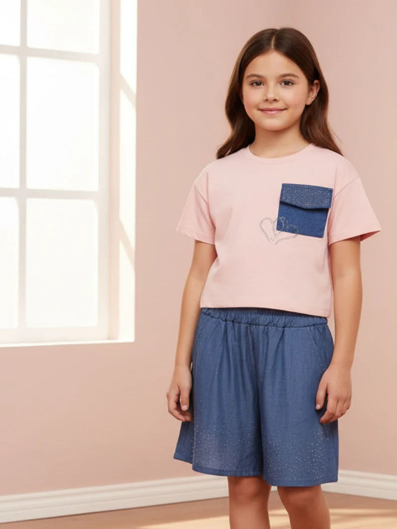 Completo 2 pezzi corto da bambina con t-shirt cropped e shorts con micro borchie - cipria