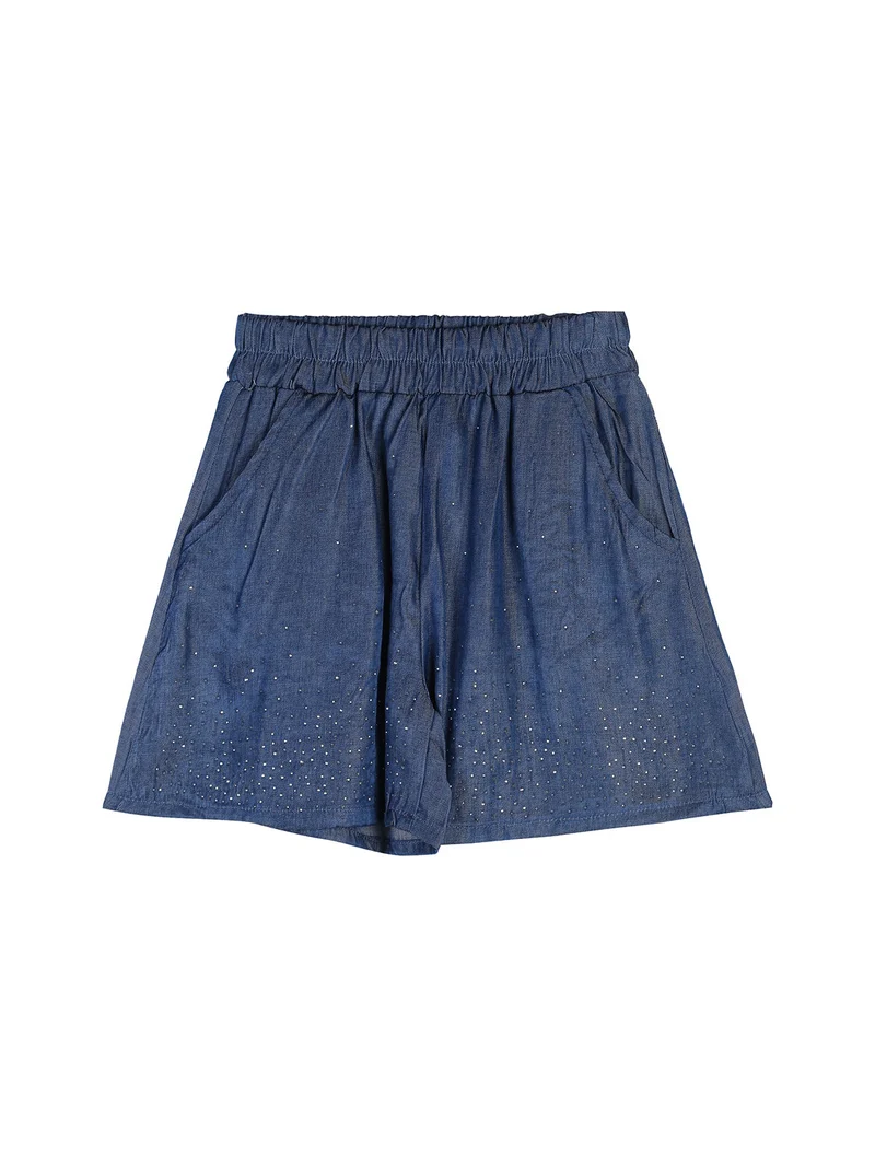 Completo 2 pezzi corto da bambina con t-shirt cropped e shorts con micro borchie - cipria