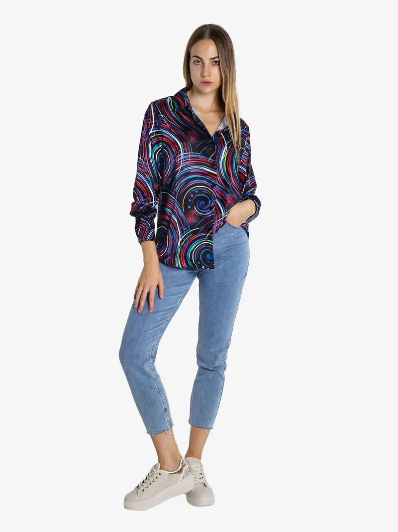Camicia donna a maniche lunghe con stampa a fantasia - blu