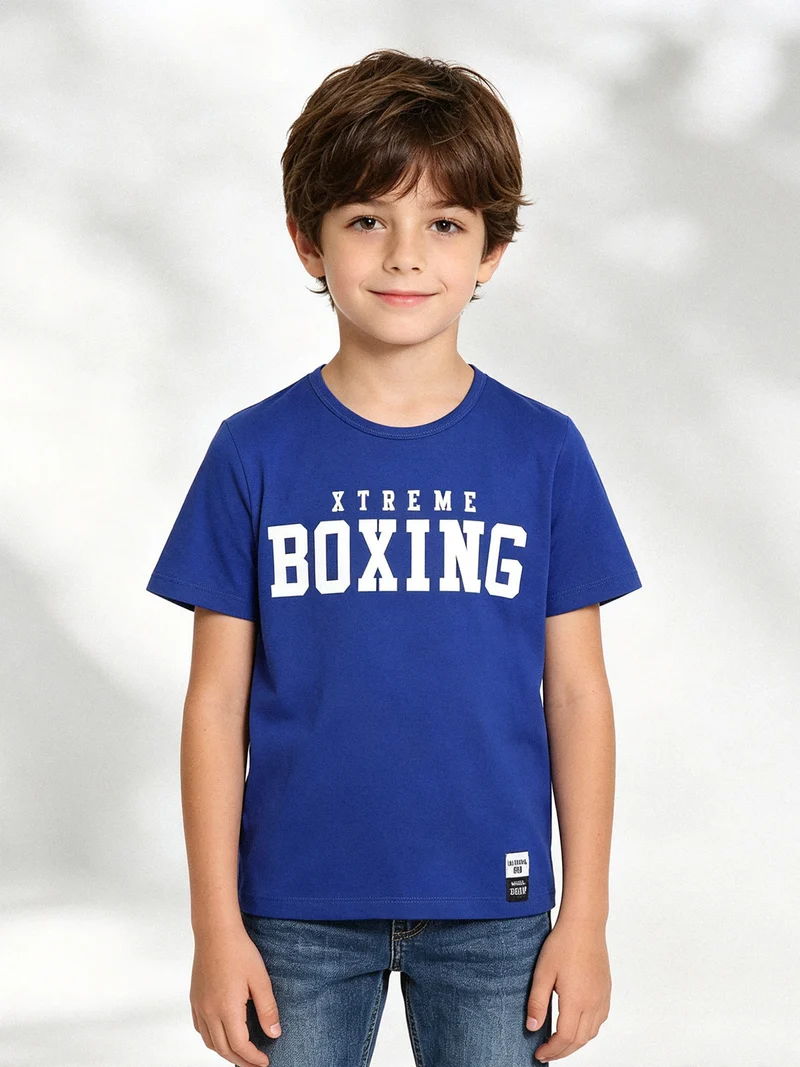T-shirt girocollo da ragazzo in cotone con logo - blu