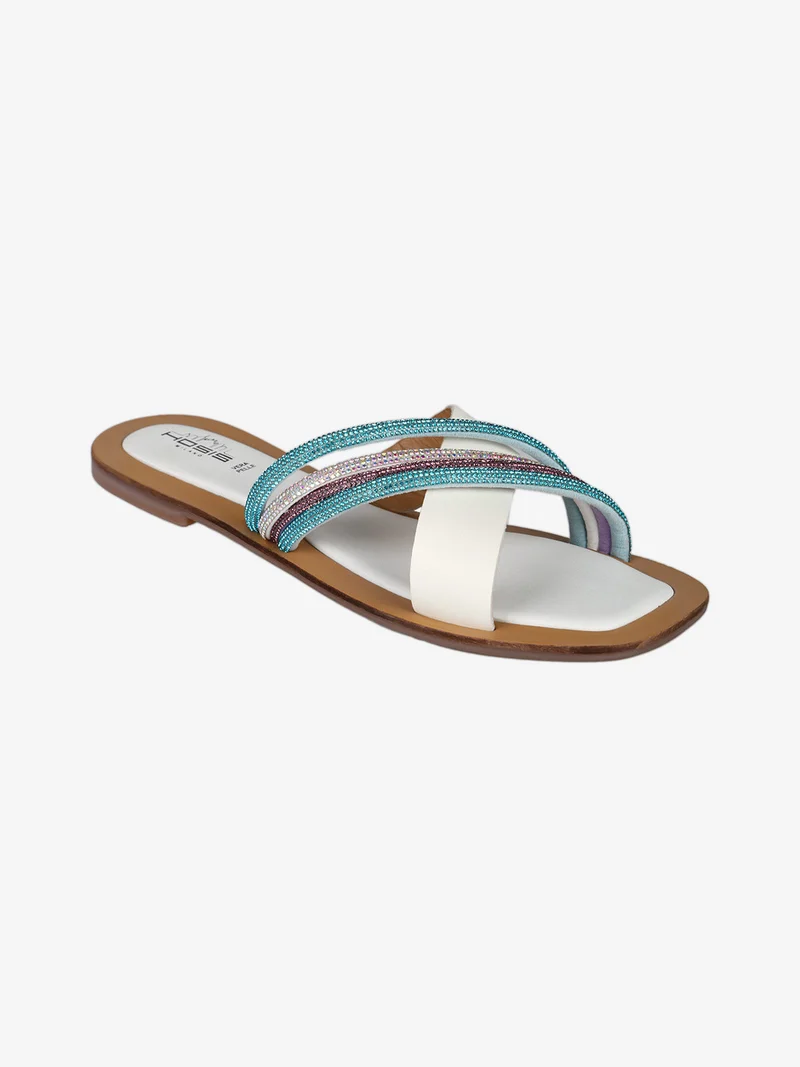 Ciabatte donna in pelle con fascette intrecciate e strass - multicolore