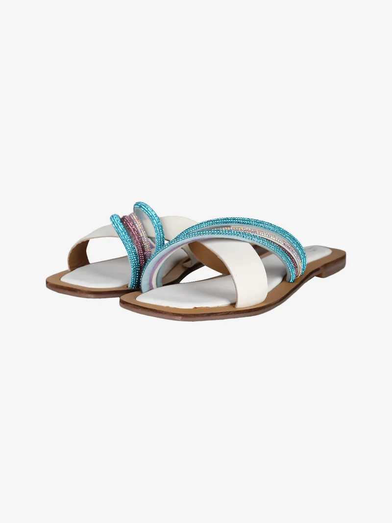 Ciabatte donna in pelle con fascette intrecciate e strass - multicolore