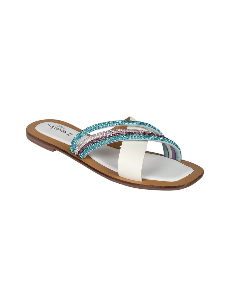 Ciabatte donna in pelle con fascette intrecciate e strass - multicolore