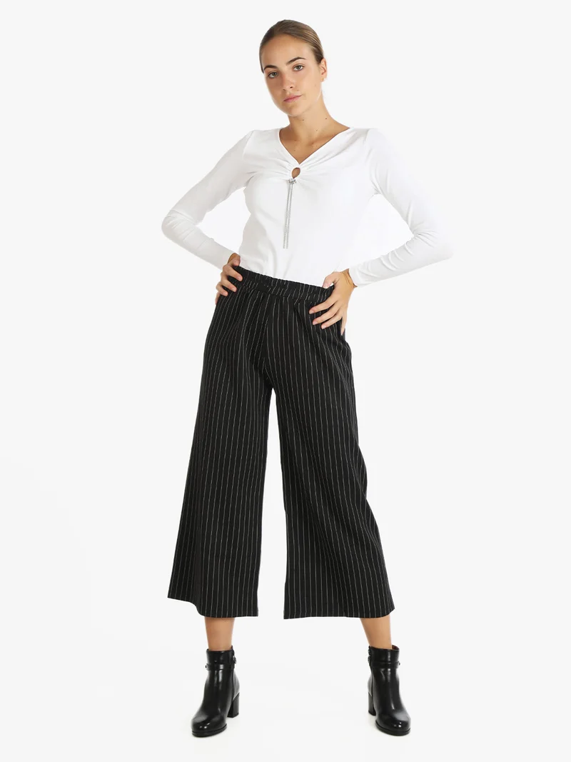 Pantaloni gessati donna a gamba larga - nero