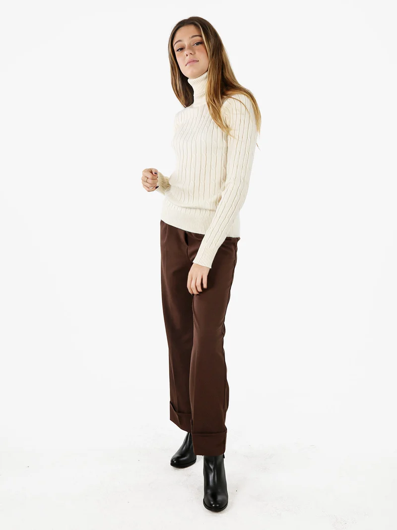 Maglione dolcevita donna a trecce - panna