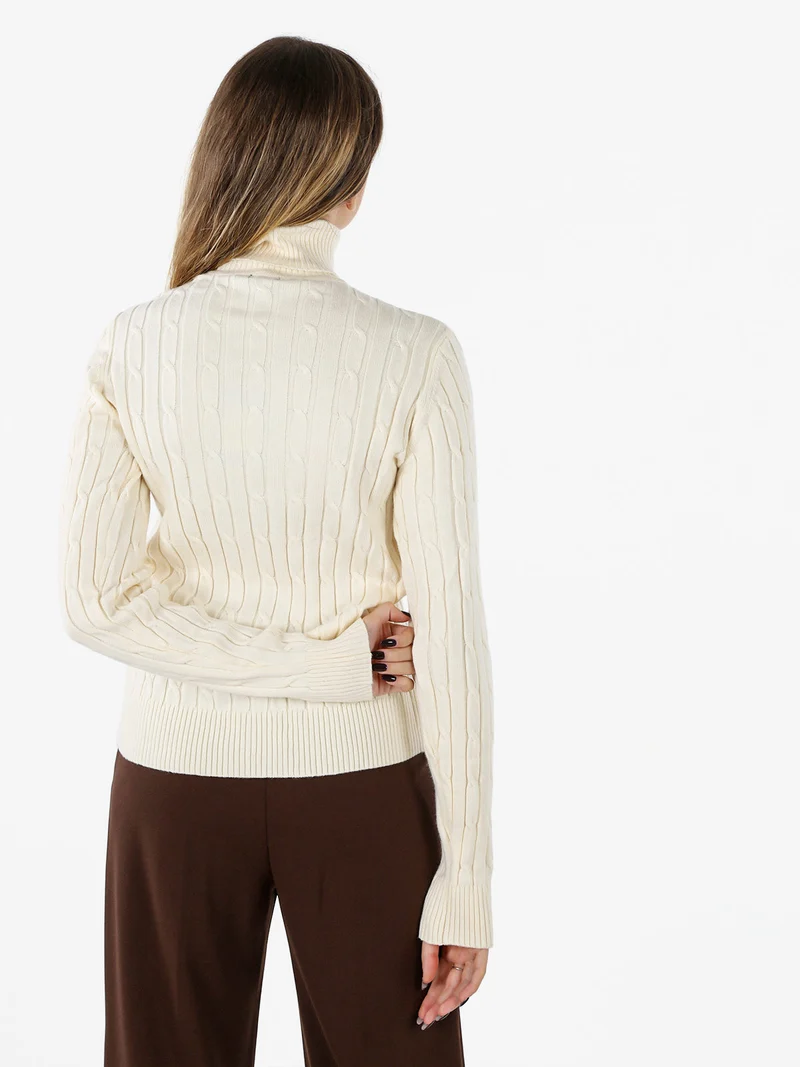 Maglione dolcevita donna a trecce - panna