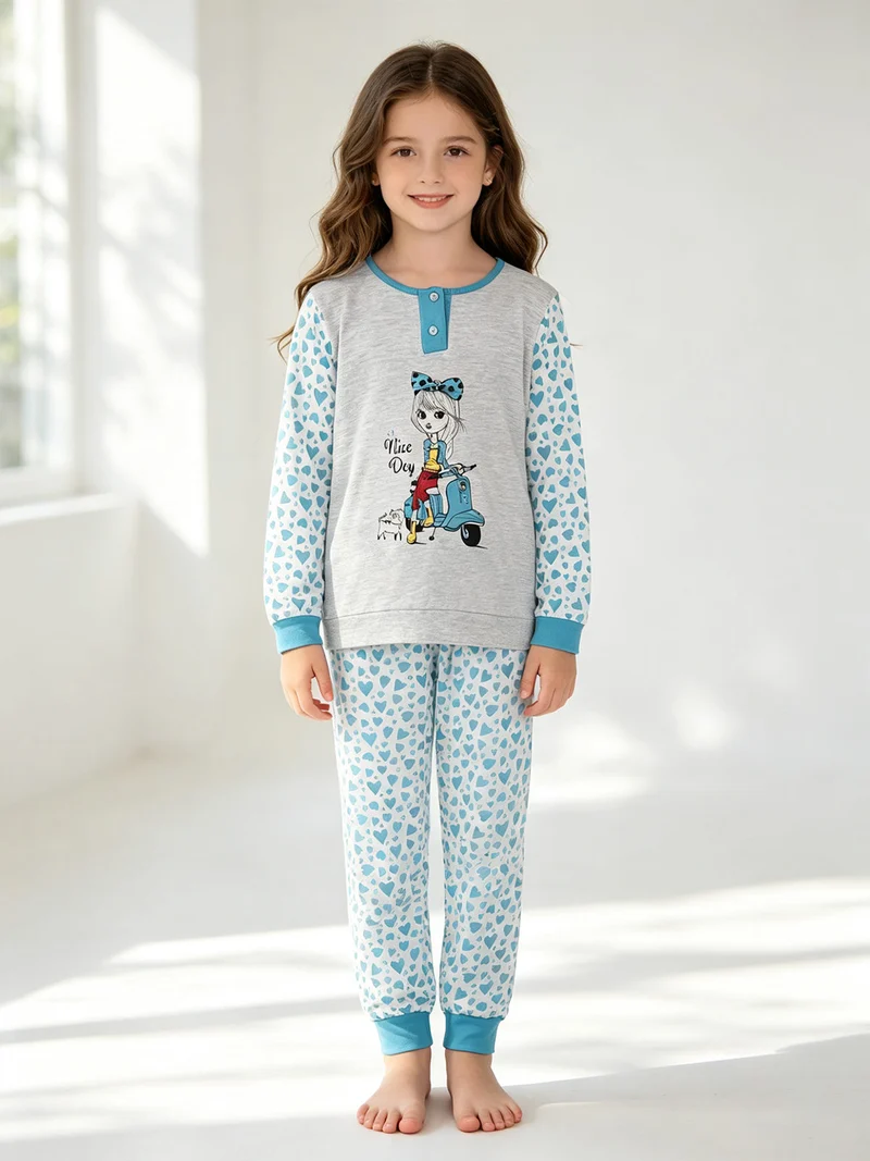 Pigiama lungo da bambina in cotone - azzurro