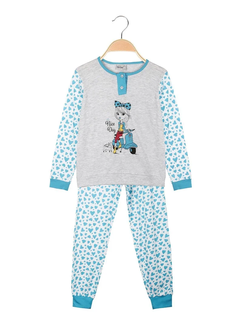 Pigiama lungo da bambina in cotone - azzurro
