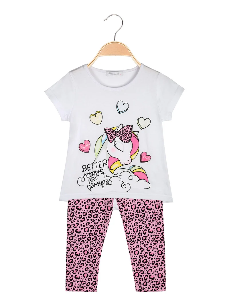 Completo bambina 2 pezzi con t-shirt e leggings maculati a 3/4 - bianco
