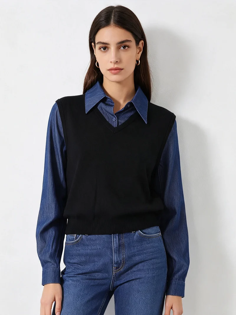 Maglia donna a gilet con inserto a camicia effetto jeans - nero