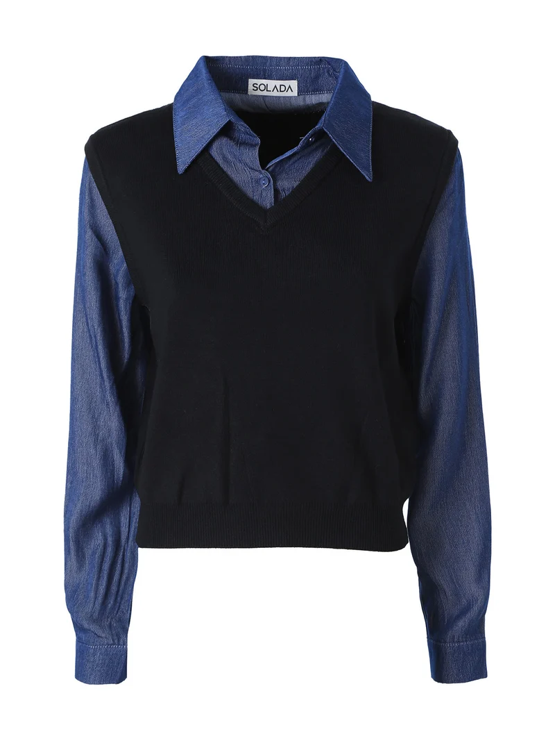 Maglia donna a gilet con inserto a camicia effetto jeans - nero