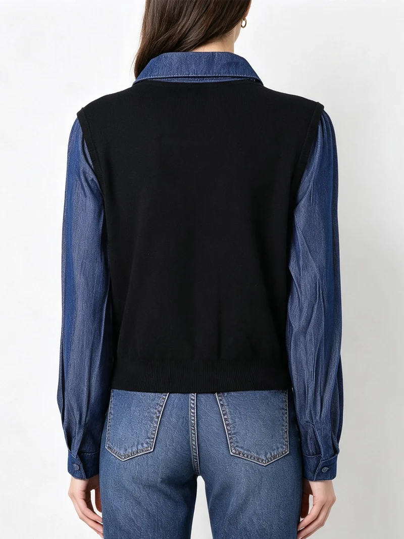 Maglia donna a gilet con inserto a camicia effetto jeans - nero