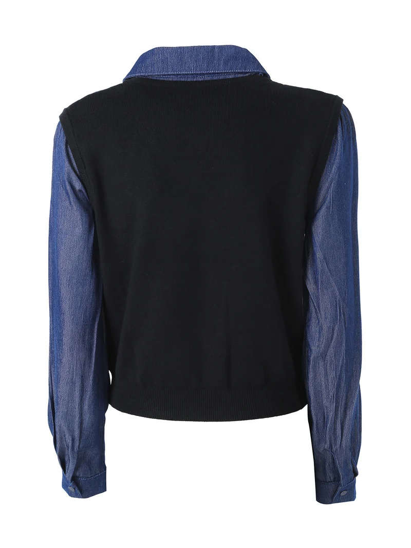 Maglia donna a gilet con inserto a camicia effetto jeans - nero
