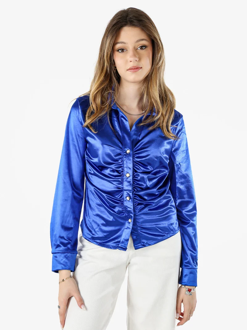 Camicia donna a maniche lunghe effetto raso - bluette
