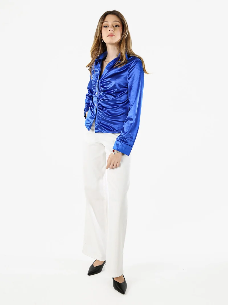 Camicia donna a maniche lunghe effetto raso - bluette