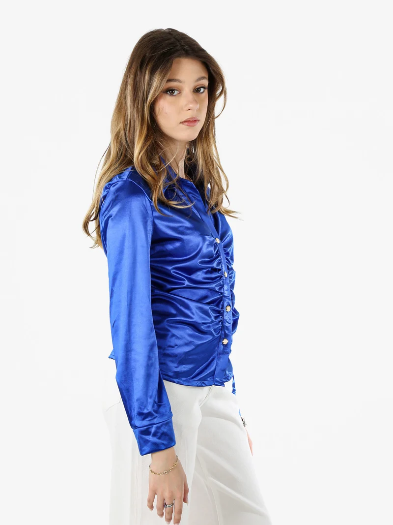 Camicia donna a maniche lunghe effetto raso - bluette