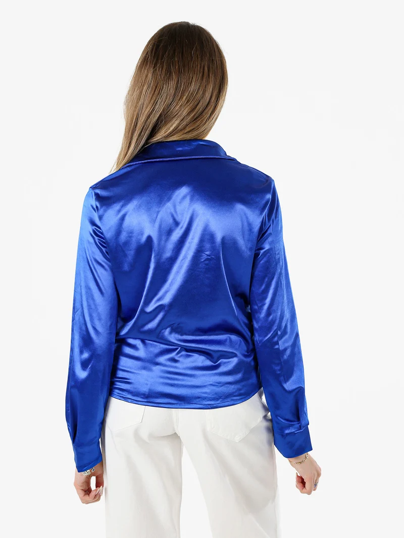 Camicia donna a maniche lunghe effetto raso - bluette