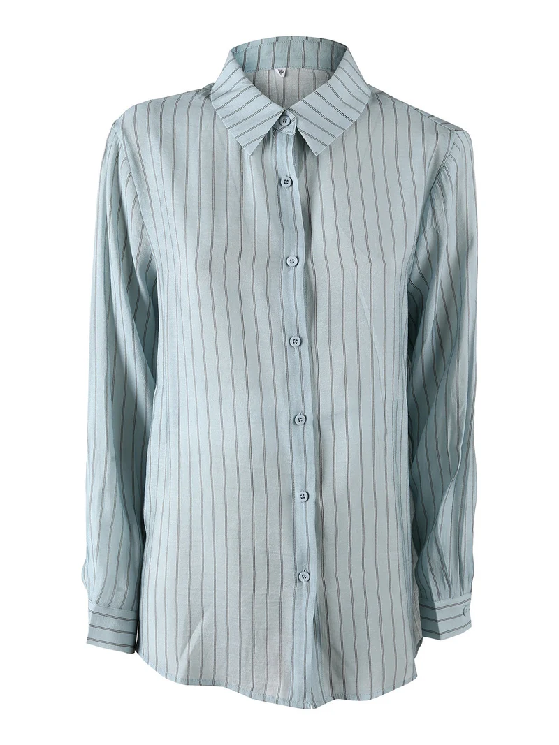 Camicia donna a maniche lunghe con stampa a righe - acqua marina