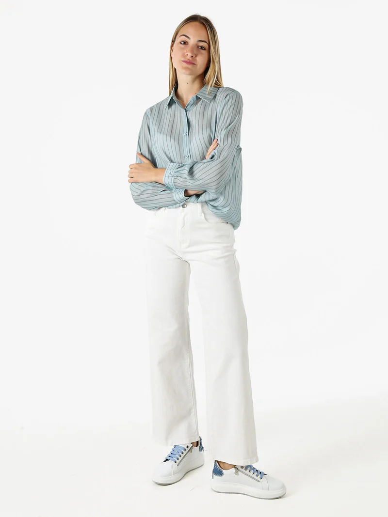 Camicia donna a maniche lunghe con stampa a righe - acqua marina