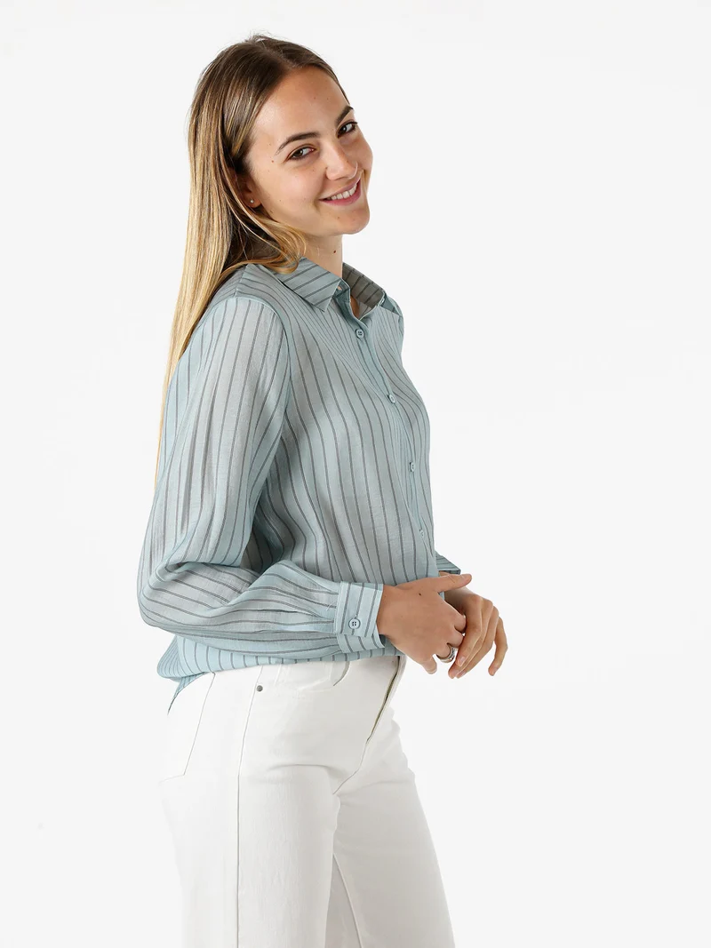 Camicia donna a maniche lunghe con stampa a righe - acqua marina