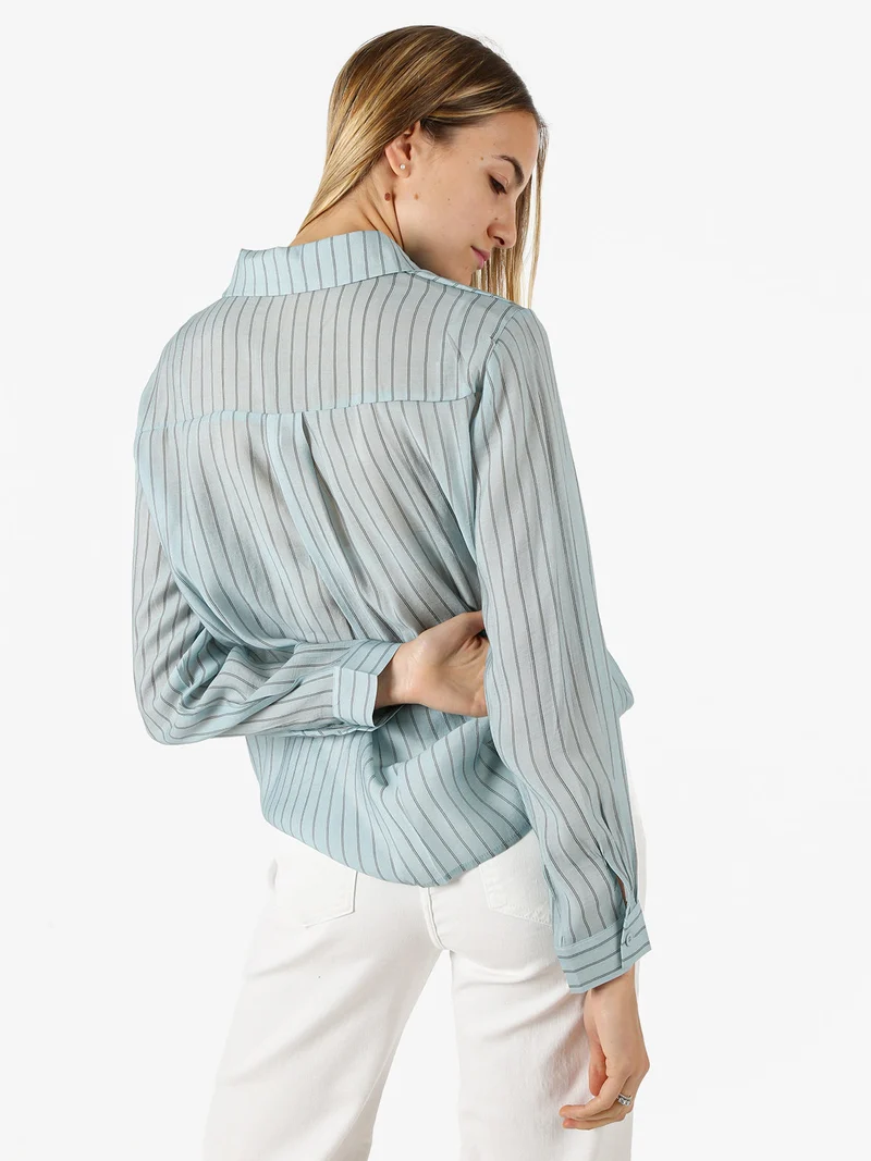 Camicia donna a maniche lunghe con stampa a righe - acqua marina