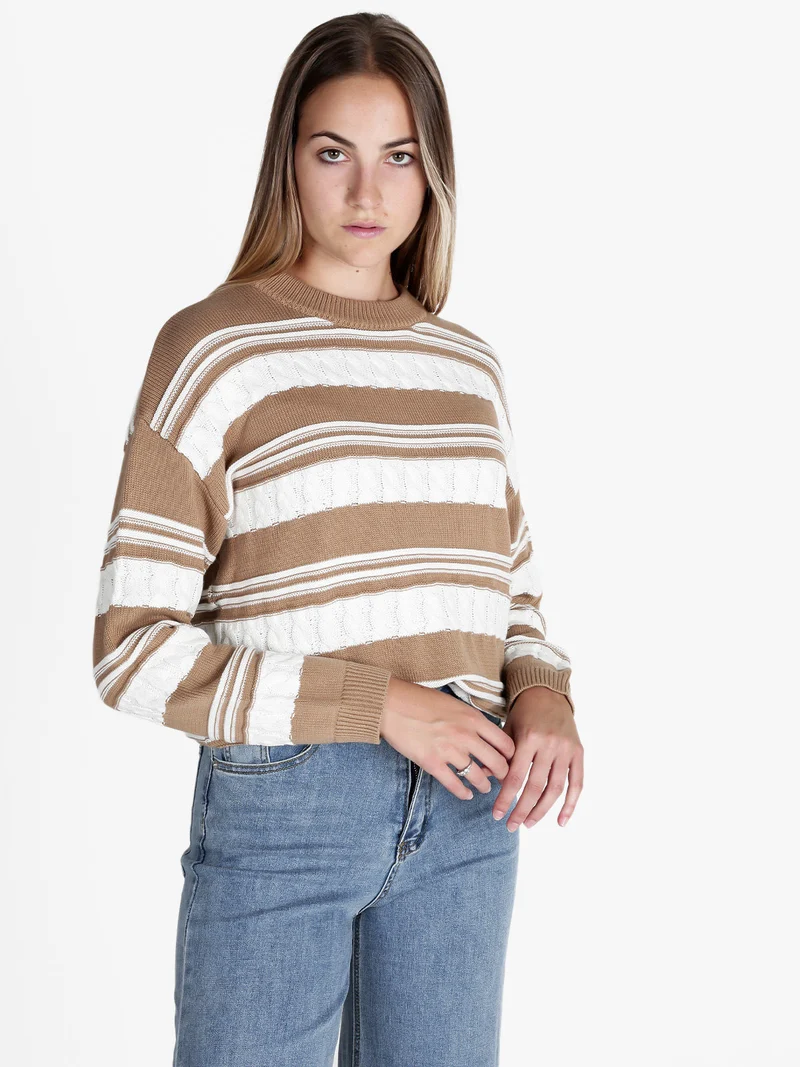 Maglione donna bicolore a trecce - cammello