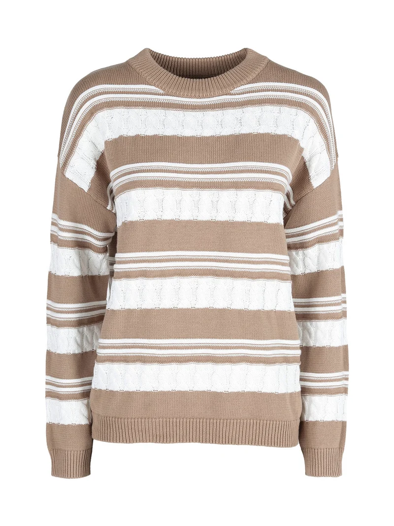 Maglione donna bicolore a trecce - cammello