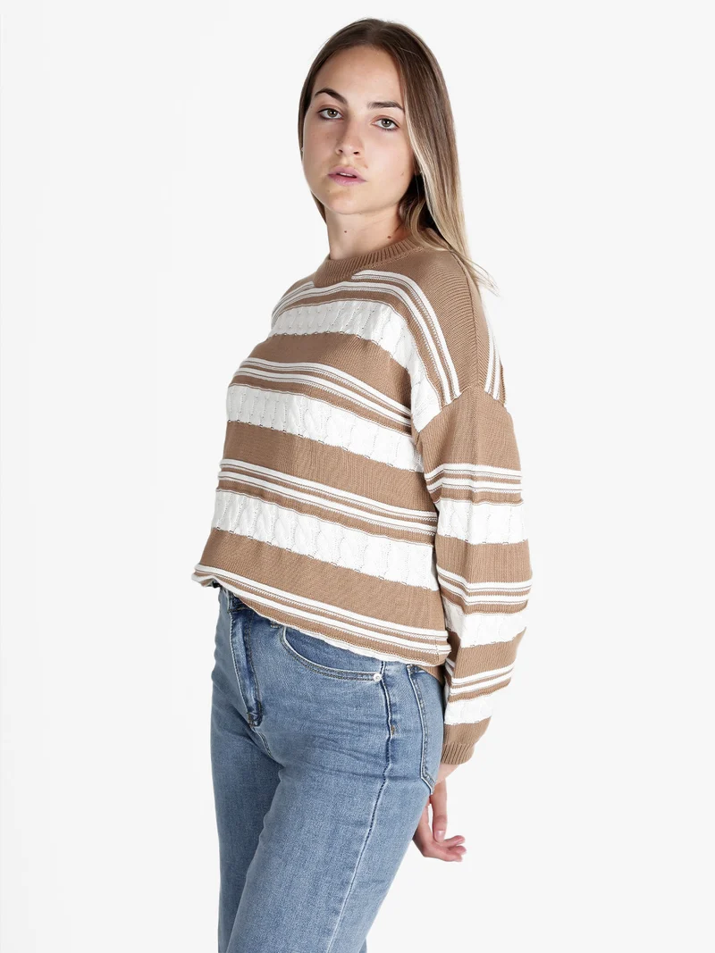Maglione donna bicolore a trecce - cammello