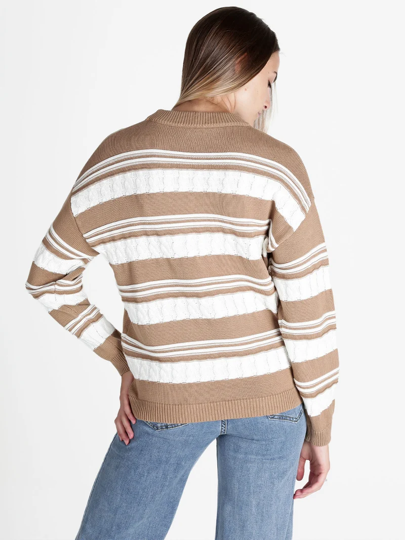 Maglione donna bicolore a trecce - cammello