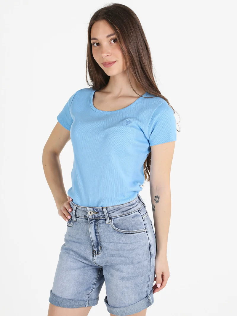 T-shirt donna in cotone a costine - azzurro