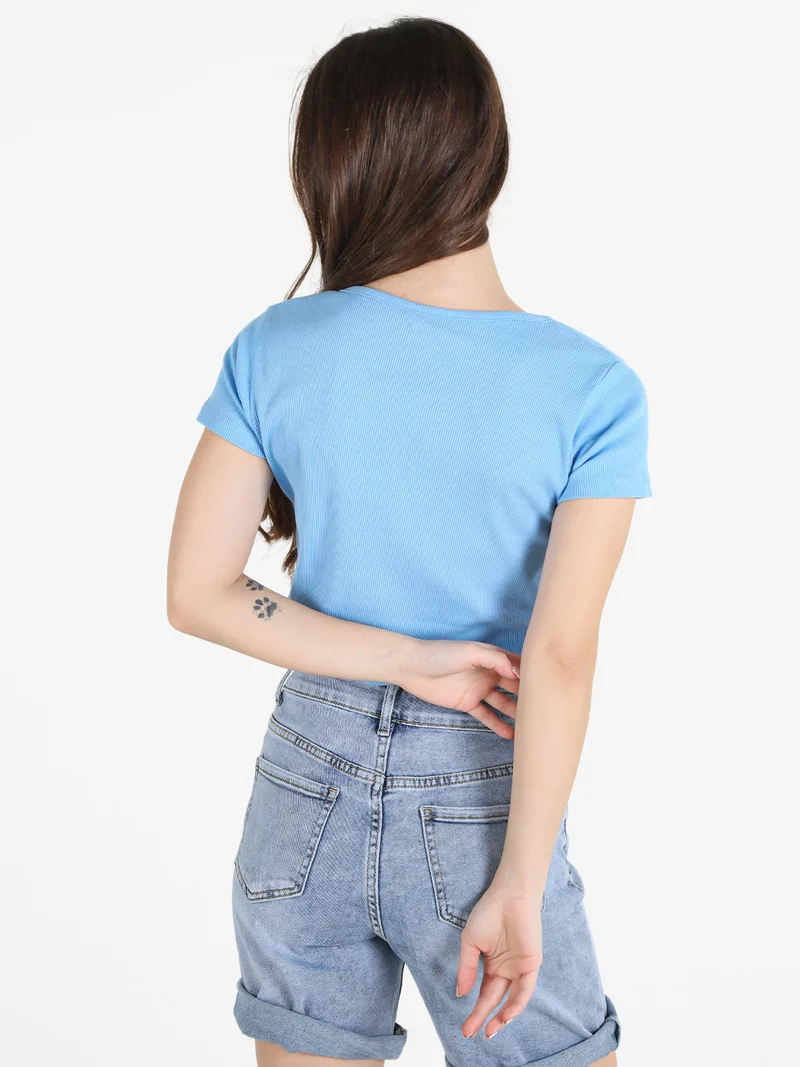 T-shirt donna in cotone a costine - azzurro