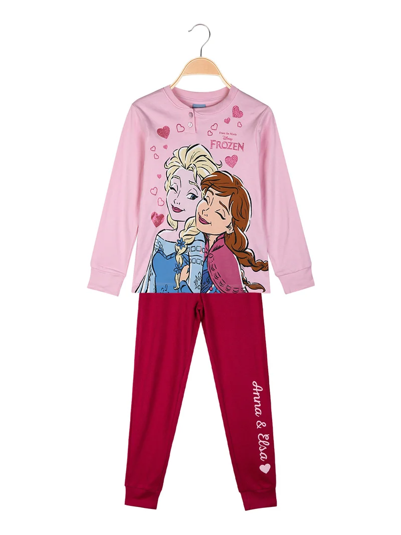 Pigiama lungo da bambina Elsa e Anna in cotone interlock - rosa