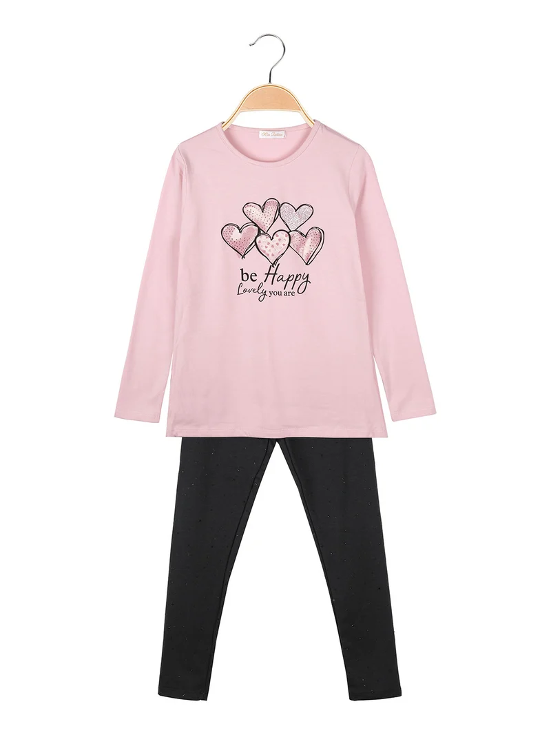 Completo 2 pezzi da bambina con maglietta e leggings con strass - rosa