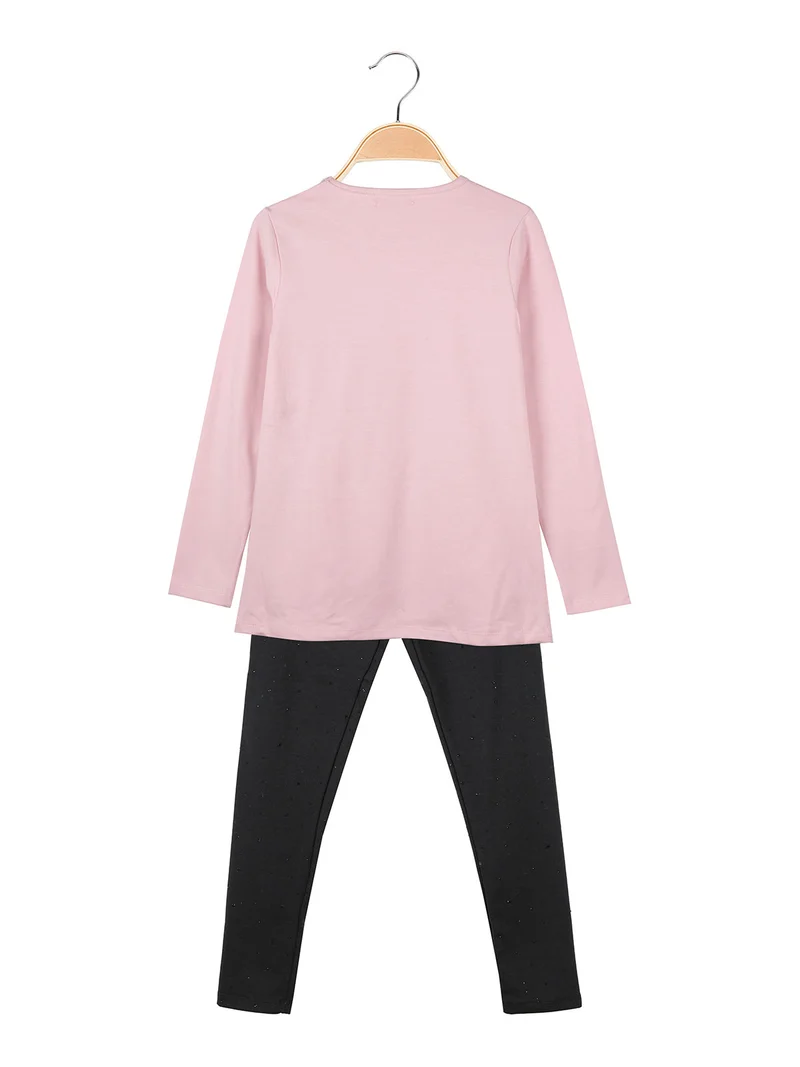 Completo 2 pezzi da bambina con maglietta e leggings con strass - rosa