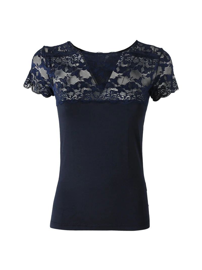 Maglia manica corta donna con pizzo - blu scuro