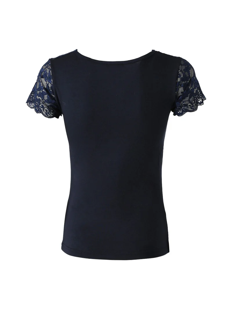 Maglia manica corta donna con pizzo - blu scuro