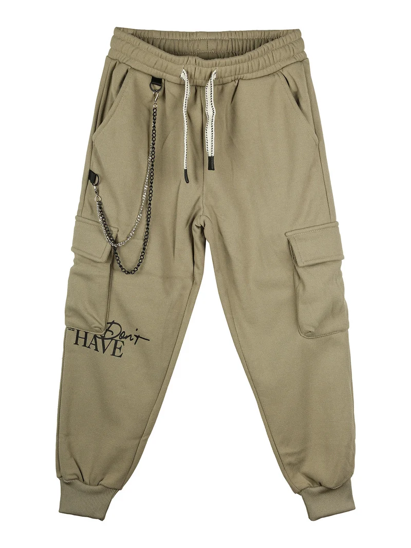 Pantaloni cargo da bambino con coulisse e catena decorativa - oliva