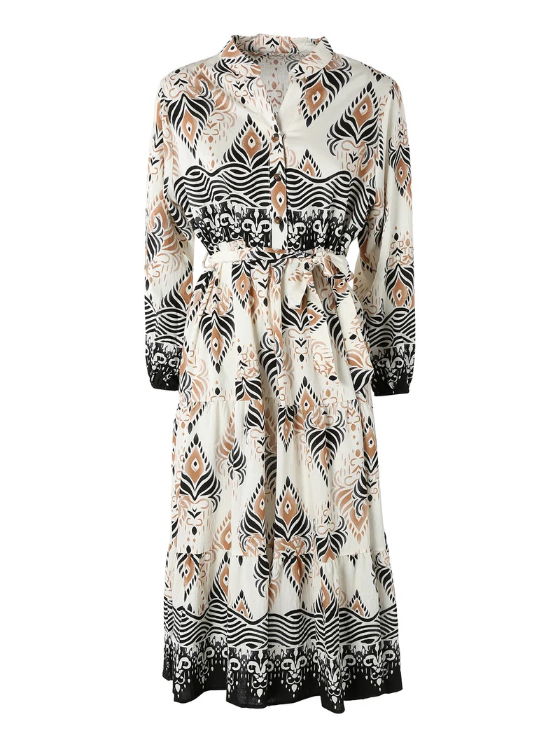 Abito lungo da donna con stampe e maniche lunghe - nero