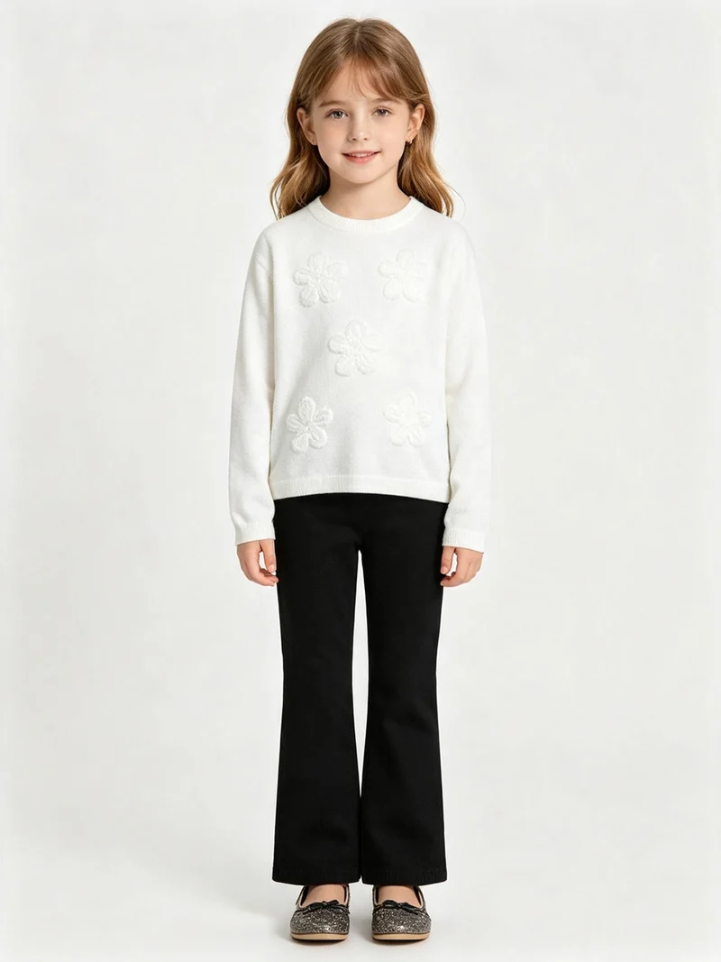 Completo 2 pezzi da bambina in maglia con ricami - bianco