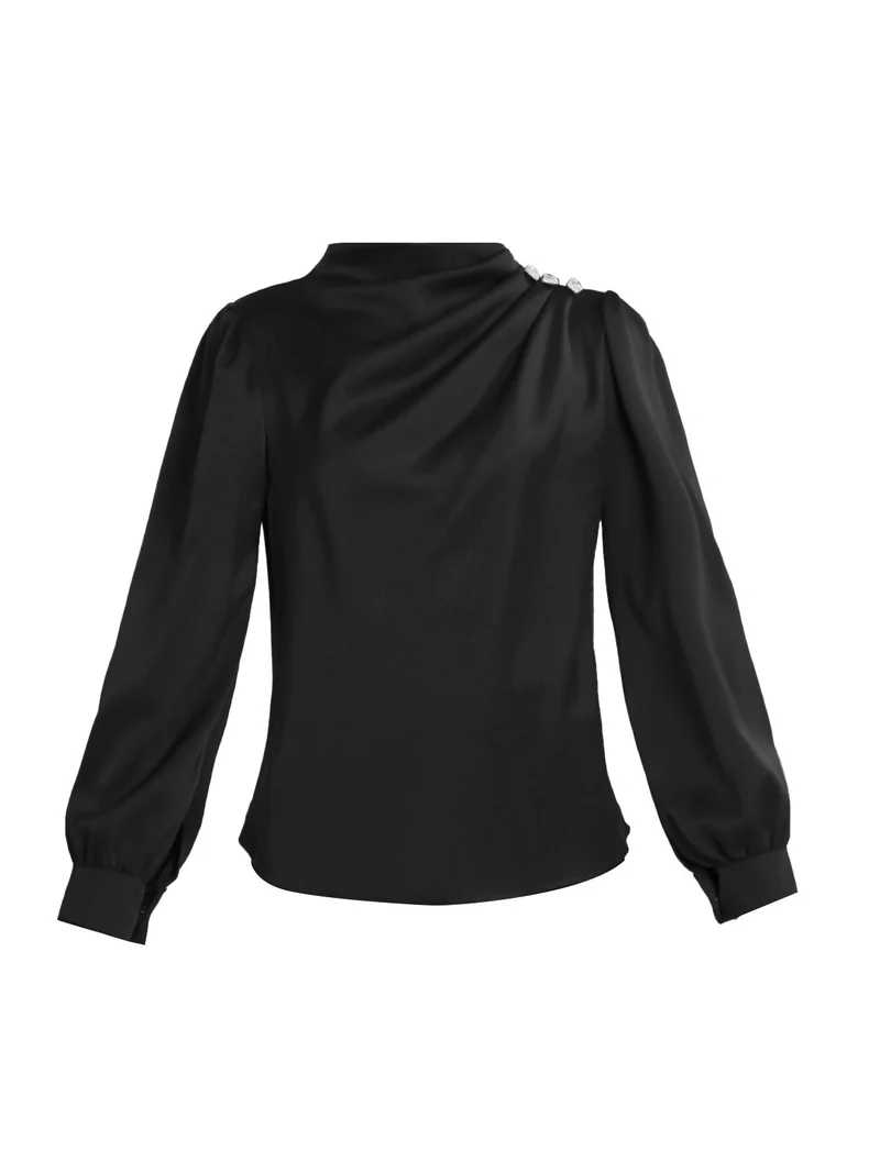 Blusa donna in raso con bottoni gioiello - nero