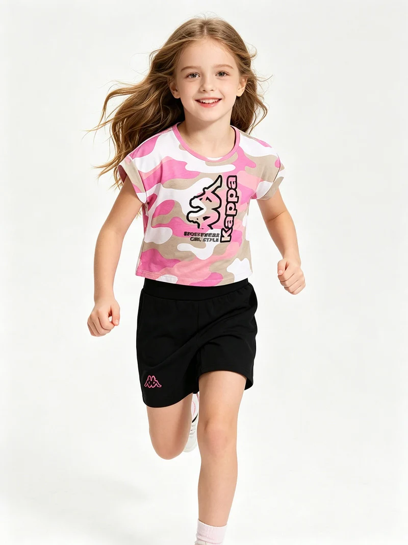 Completo corto da bambina in cotone con t-shirt mimetica e shorts - rosa