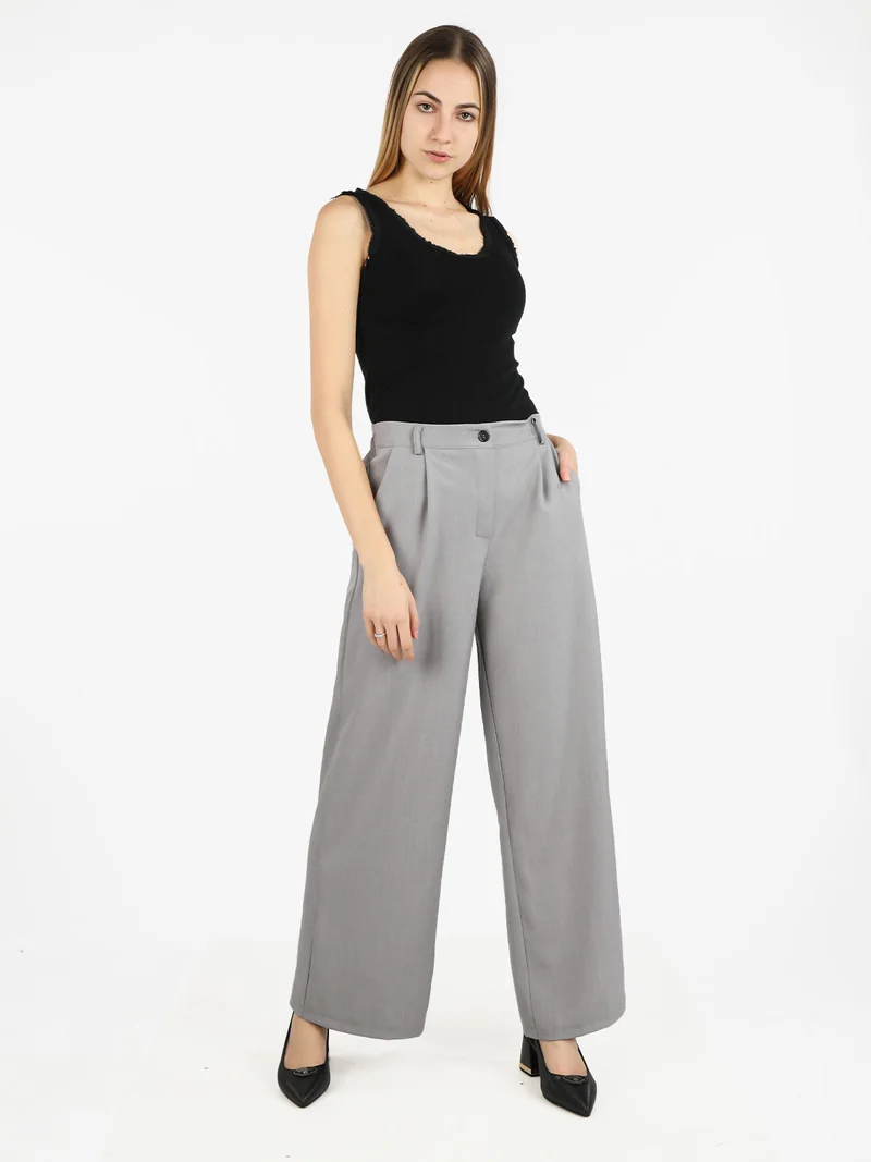 Pantaloni donna a vita alta con gamba larga - grigio